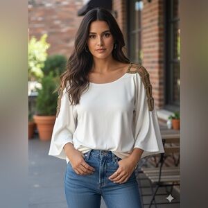 SKY Braided Leather Boho Batwing Top Women’s Small NWT Cream